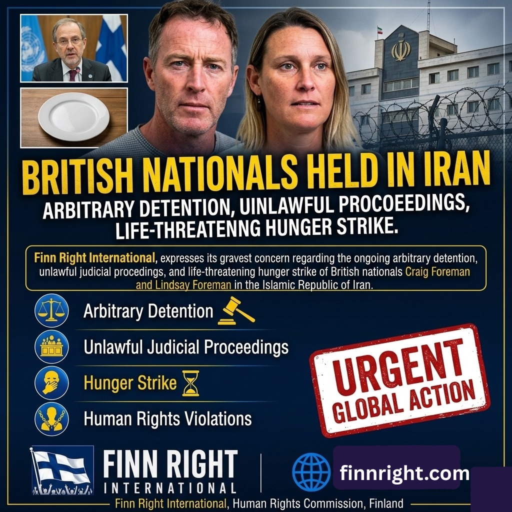 FinnRight's tweet photo. Finn Right International highlighting the detention of British nationals Craig Foreman and Lindsay Foreman in Iran. The poster features serious portraits of Craig and Lindsay Foreman next to an image of an Iranian government building behind barbed wire. It includes bold text reading 'BRITISH NATIONALS HELD IN IRAN' along with a punchline about their arbitrary detention, unlawful proceedings, and life-threatening hunger strike. A red stamp says 'URGENT GLOBAL ACTION', accompanied by human rights icons and the Finn Right International logo at the bottom.
https://t.co/TCh0VC55ZC
#iran #México #FinnRight 
@alexstubb @elinavaltonen @antonioguterres @snnfinalnd @FranceskAlbs @AbbasAraghchi @MasoudPezeshkian