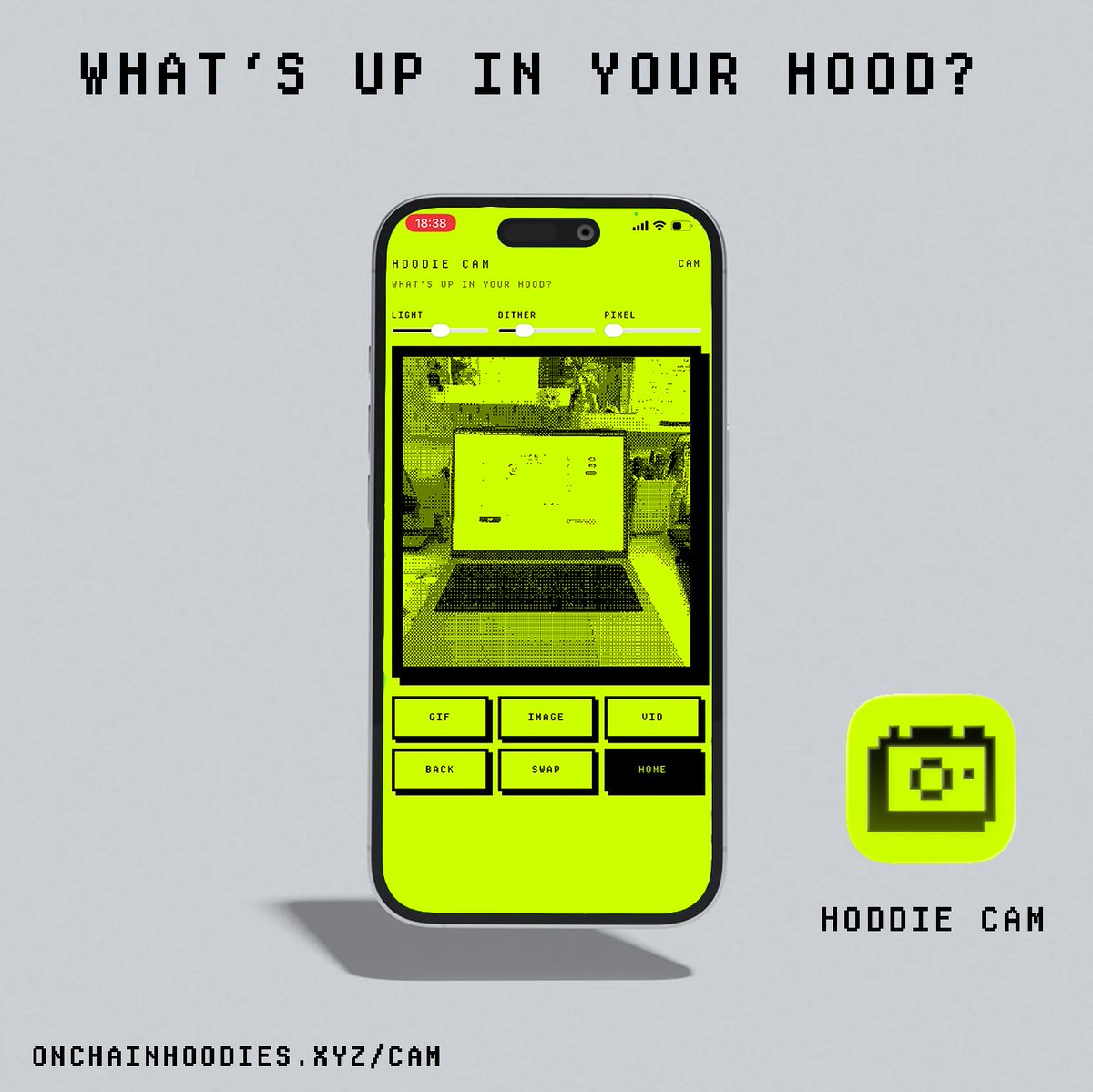 OnChainHoodies's tweet photo. What's up in your hood?

The OnChainHoodies website and Hoodie Cam is live.

A retro 1-bit camera for capturing your neighborhood in @RobinhoodCrypto style.

Share your hood below. 👇

P.S. Add Hoodie Cam to your iPhone Home Screen for the full app experience.

Link in Bio 👇 https://t.co/fsvYThNrlp