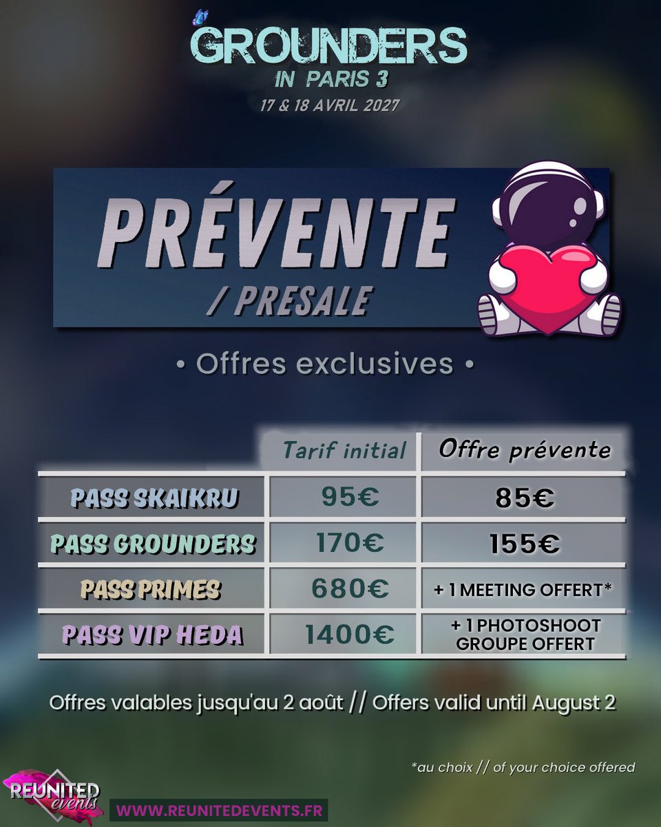 Reunited_Events's tweet photo. #GIP3 🌿 Les Grounders, rendez-vous ce dimanche 12 juillet à 19h30 pour l’ouverture de la billetterie (pass + extras), avec une offre spéciale prévente valable jusqu’au 2 août (23:59) 🚀 

☢️ Les descriptions des pass et infos des extras sont disponibles sur notre site, ainsi que les infos pour le paiement en plusieurs fois: https://t.co/MRaYPhwut4
On prévoit au moins 8 invités pour cette édition, et plus si les ventes le permettent, alors n’hésitez pas à parler de l’événement autour de vous ! 

🔥 Et préparez-vous à découvrir notre première invitée cette semaine ! 

// 🌿 Grounders, see you this Sunday, July 12th at 7:30pm for the ticket shop opening (passes + extras), featuring a special pre-sale offer valid until August 2nd (11:59pm) 🚀

☢️ Pass descriptions and extra details are available on our website, along with info regarding installment payment options: https://t.co/GaG31s0l8e
We are planning at least 8 guests for this edition, and even more if ticket sales allow it, so don’t hesitate to spread the word about the event around you!

🔥 And get ready to discover our first guest this week!