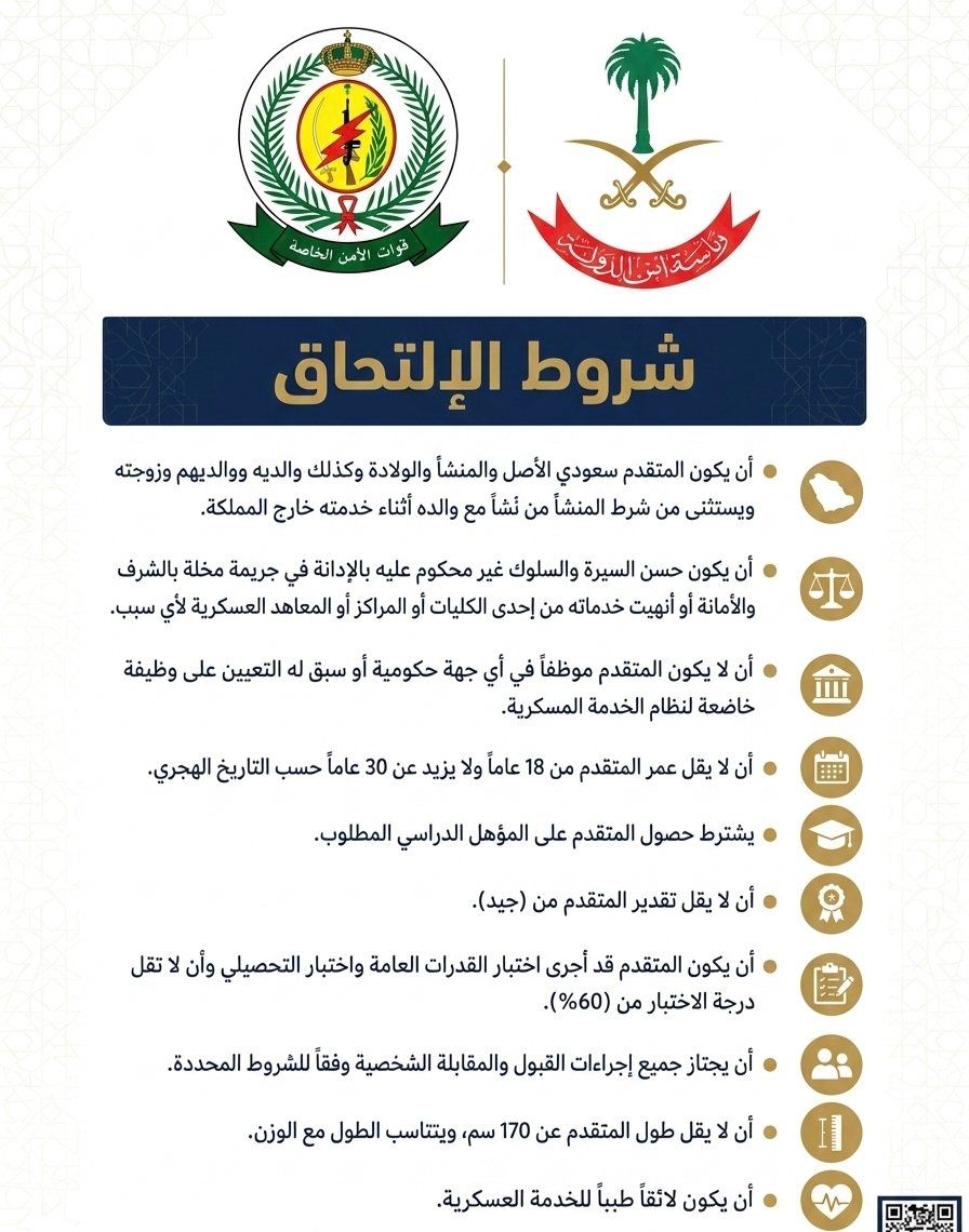 jt_3s's tweet photo. الافضليه للقبول بقوات الأمن الخاصة:

✅ القدرات والتحصيلي لاتقل عن 60٪ 

✅ الطول لايقل عن 170 

✅ معدلك لايقل عن جيد 

✅ فالتقديم متاح للجميع اهم شي عمرك لايزيد عن 30عاماً

https://t.co/cfIW6n3Izd

. https://t.co/aTGpcgBjTY