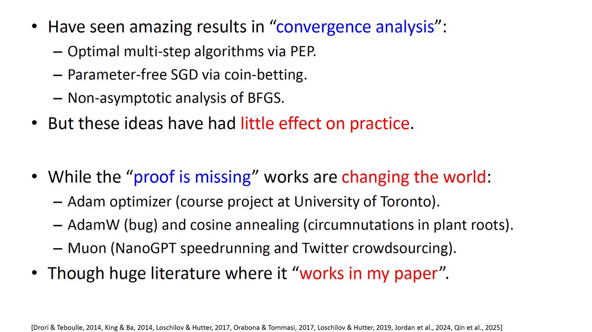 richardcsuwandi's tweet photo. Really enjoyed this #ICML2026 tutorial by @MarkSchmidtUBC connecting optimization theory to what actually happens in practice.

The elephant in the room: is optimization theory even useful for practitioners anymore? I think practice will keep driving progress, but we still need theory to catch up and help us explain why.