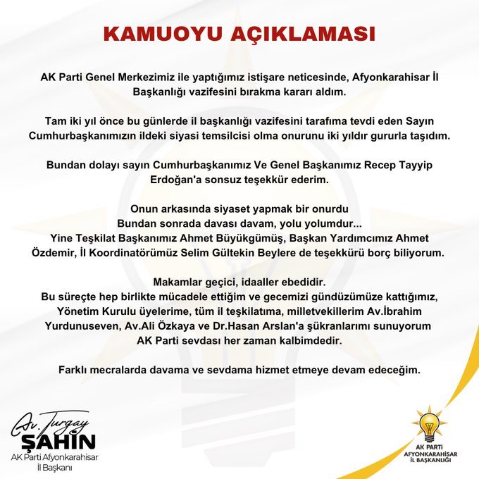 AK Parti Afyonkarahisar İl Başkanı Turgay Şahin İstifa Etti