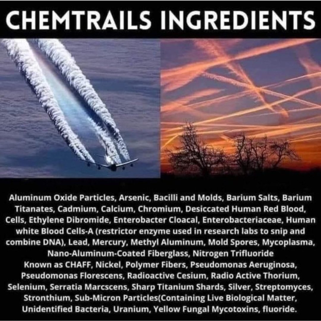 upforthefight1's tweet photo. @ABridgen We are breathing in a concoction of metallic crap and other particles designed to harm us, animals and everything it lands on.  Demonstrably monstrous attack on humanity and our planet by pyschotic entities that need straight jackets. https://t.co/MfnxpdDjw4
