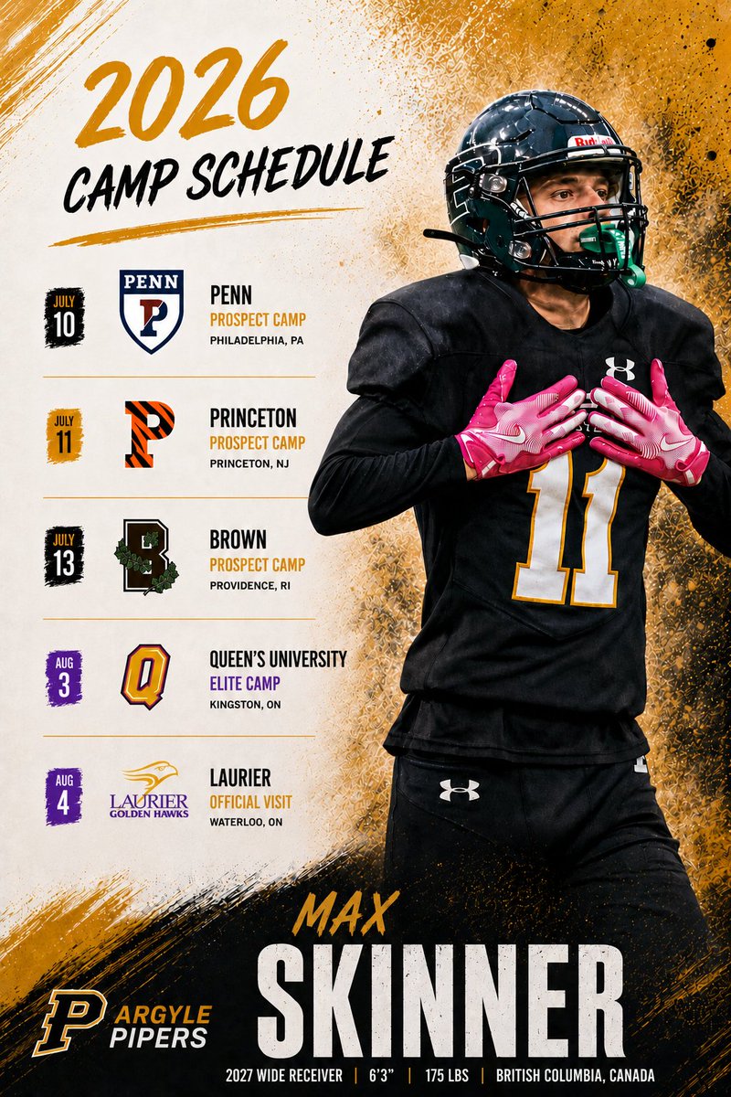 MaxSkinner2009's tweet photo. Grateful to receive camp invites from some of the best football programs in the East. Looking forward to competing!

@PennFB @PrincetonFTBL @ColumbiaLionsFB @CornellFootball @BrownU_Football @LaurierFootball @Queens_Football @GridironImports @ludokashsports @Widereceiveruni https://t.co/VpmJWldIhF