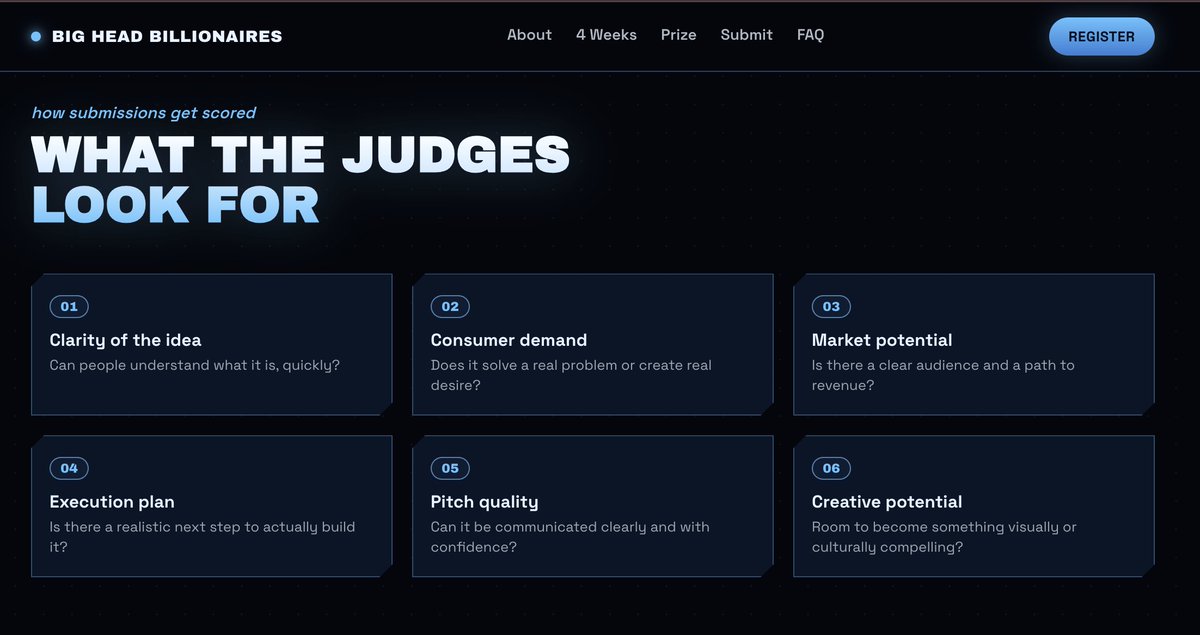 BigHeadBillions's tweet photo. Judging Criteria for the Idea Fair https://t.co/MjixEqxoJy