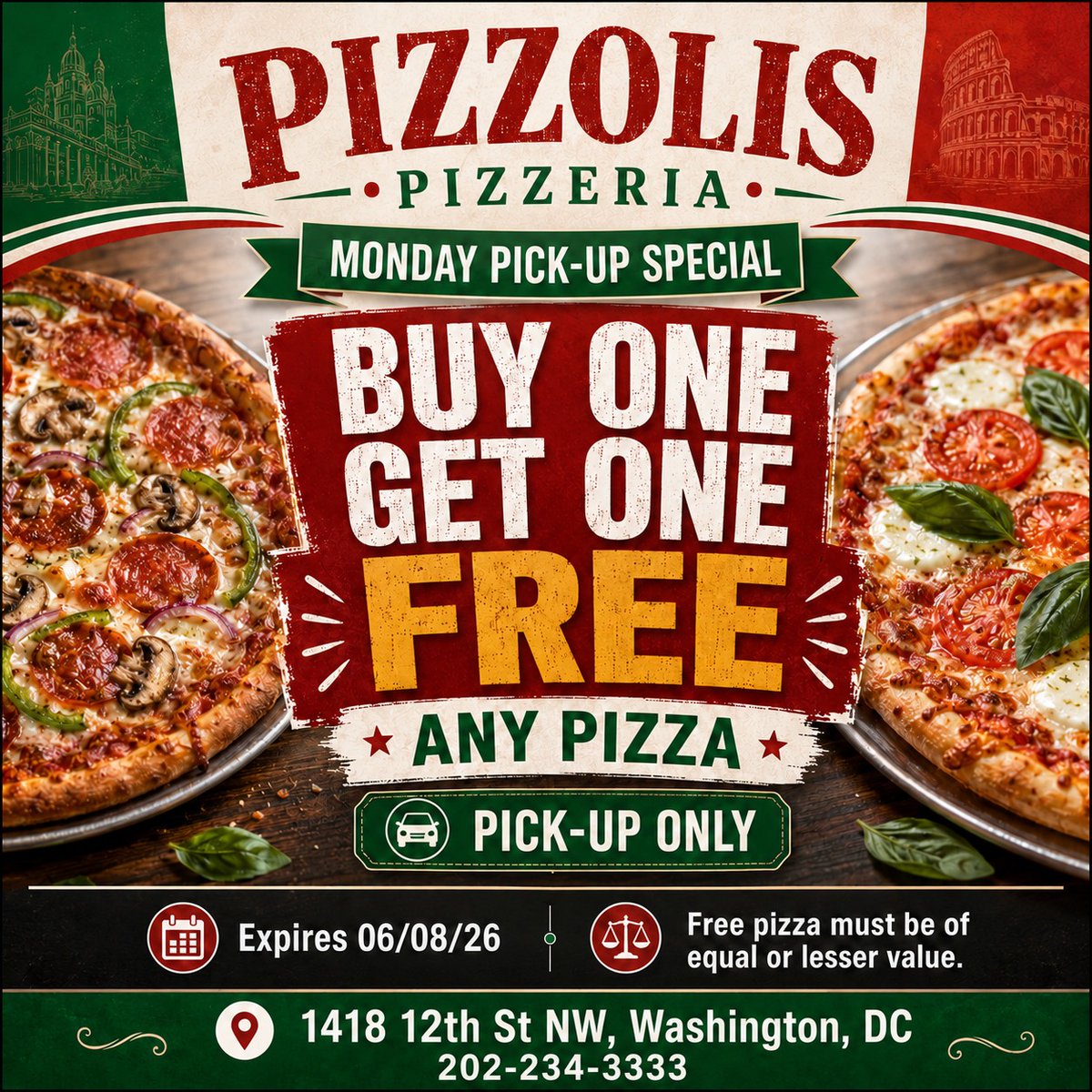 PIZZOLIS's tweet photo. 🍕 MONDAY MADNESS AT PIZZOLI'S! 🍕
Buy ANY pizza, get one FREE! Yes — ANY pizza on our menu, from classic Cheese to our famous Pickle Pizza. 🥒
📍 Pickup only
⏰ Offer expires 7/8/26
Grab dinner for the whole family without breaking the bank. Call ahead or order for pickup today! https://t.co/E8YNiNL7Hl