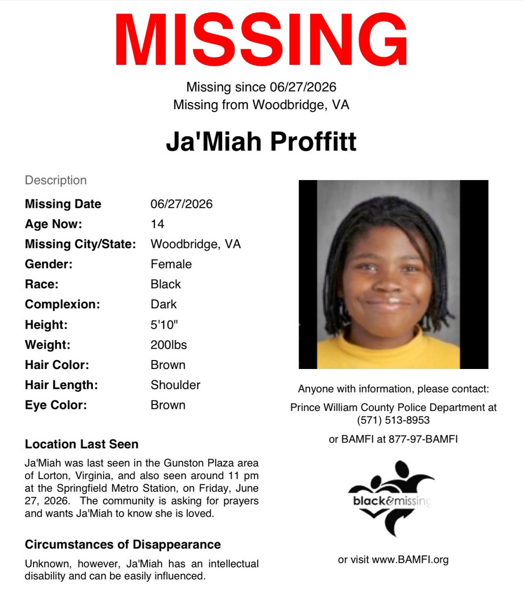 BAM_FI's tweet photo. #Woodbridge, VA: 14y/o Ja'Miah was last seen in the Gunston Plaza area of Lorton, and was also seen around 11pm at the Springfield Metro Station, on Friday, June 27, wearing blue jeans and a dark colored shirt. She has an intellectual disability and can be easily influenced. https://t.co/bsuW7V2FGD