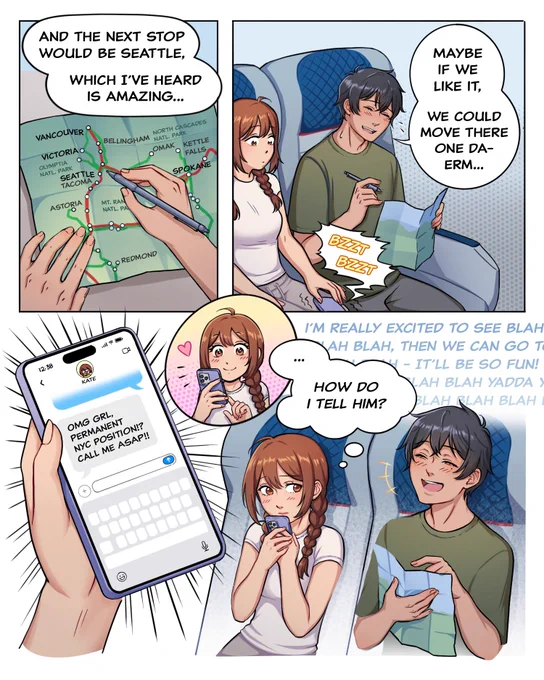 Page 2/6 of a romantic illustrated manga. As our male and female main characters plan more stops along their Amtrak journey, an unexpected job offer in New York leaves her wondering how to tell him their future may be changing. 