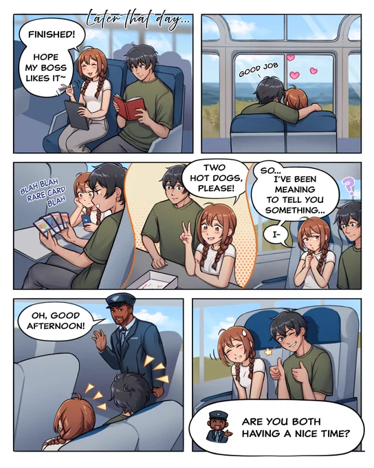 Page 3/6 of a romantic illustrated manga. Our male and female main characters enjoy a relaxing day onboard Amtrak, working, sightseeing, and sharing a meal as she tries to find the right moment to tell him about her job offer before a friendly conductor stops by to check on them.