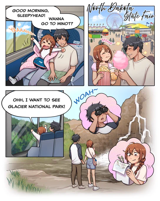 Page 4/6 of a romantic illustrated manga. Our male and female main characters continue their Amtrak adventure, exploring the North Dakota State Fair and Glacier National Park while making unforgettable memories together. 