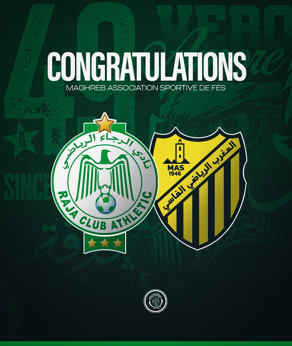 RCAofficiel's tweet photo. يتقدم نادي الرجاء الرياضي بأحر التهاني إلى نادي المغرب الرياضي الفاسي بمناسبة تتويجه بلقب البطولة الاحترافية للموسم الرياضي 2025-2026. 💚💛 https://t.co/5EMHbhx1y2