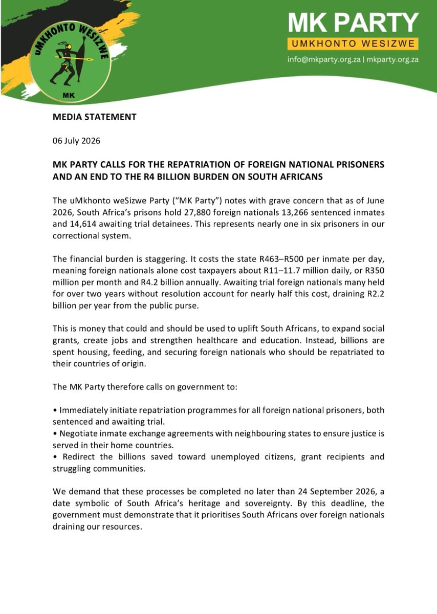 MkhontoweSizwex's tweet photo. [MEDIA STATEMENT]:

MK PARTY CALLS FOR THE REPATRIATION OF FOREIGN NATIONAL PRISONERS AND AN END TO THE R4 BILLION BURDEN ON SOUTH AFRICANS https://t.co/Lk0T9vHOrs