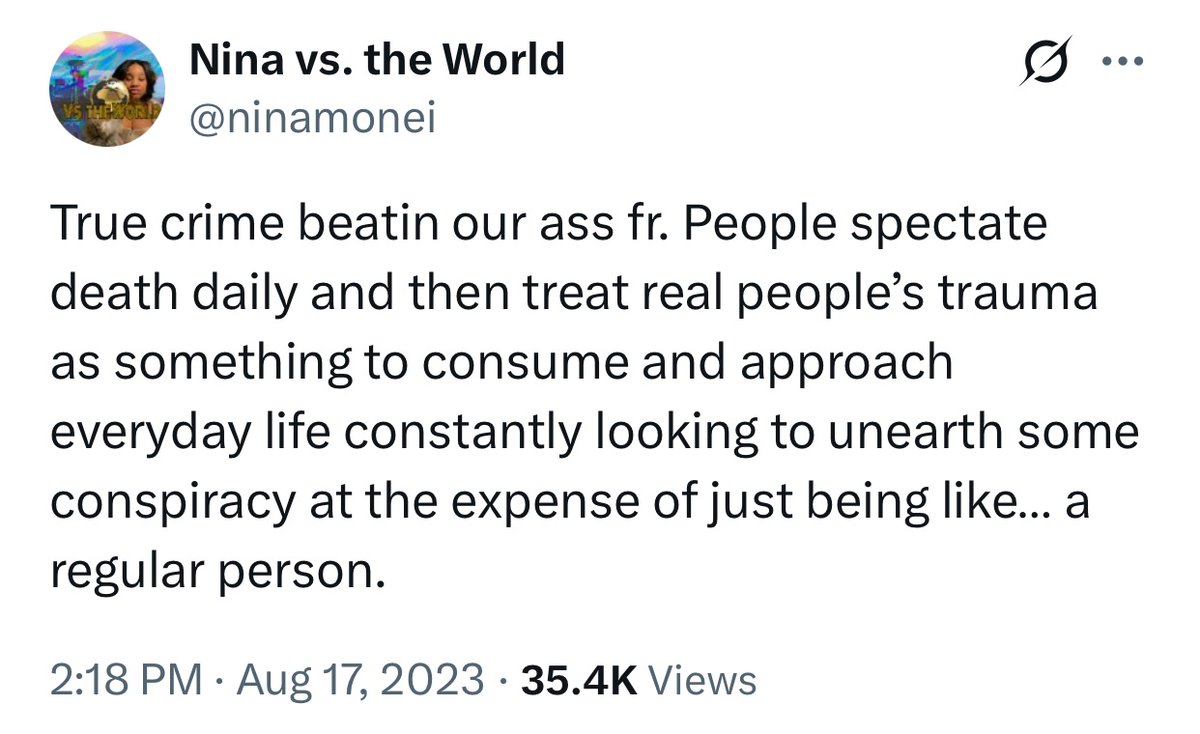 ninamonei's tweet photo. I’ve been saying for years the way folks have gotten comfortable spectating strangers’ traumas online, consuming them as titillating “content” or weaponizing them to win arguments and push narratives, is diminishing our collective ability to see each other as people, not topics. https://t.co/zmdbb3A3mk