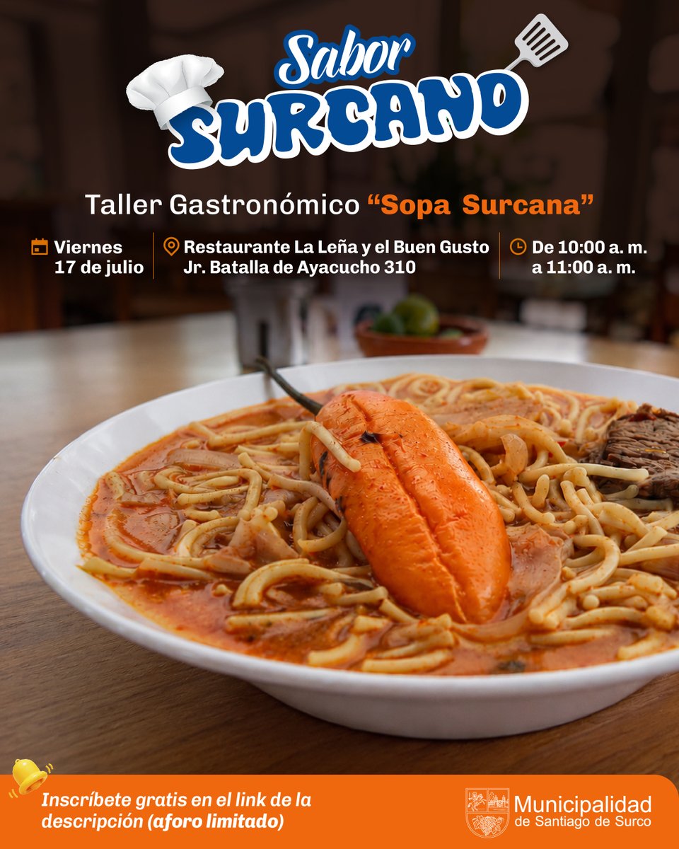 munisurco1's tweet photo. 🍲 Descubre el sabor de nuestras tradiciones en el taller gastronómico de Sopa Surcana. Aprende paso a paso la preparación de este plato emblemático y comparte una experiencia llena de cultura y buena sazón.

📝 Inscríbete aquí: https://t.co/y1jNxROZ2W

#SurcoEstáMejorYSeNota https://t.co/V4KvW0Qyd4
