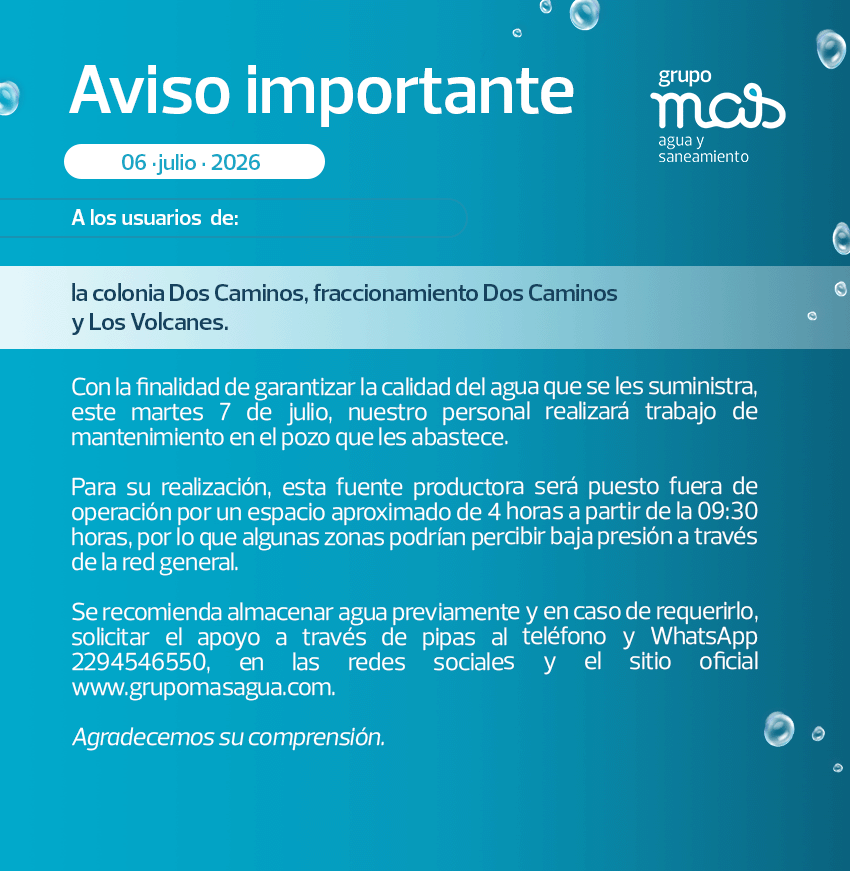 GrupoMASAgua's tweet photo. Aviso importante a  los usuarios de la Colonia Dos Caminos, Fraccionamiento Dos Caminos y Los Volcanes. 💧 https://t.co/8A19zhPgXa