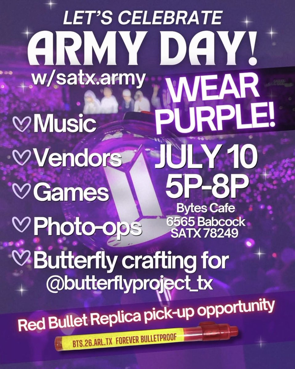 tbfptx's tweet photo. Let’s make butterflies together 🫶💜

We’re dropping our step-by-step butterfly crafting tutorial for The Butterfly Project, an Arlington D2 fan project! Whether you’re crafting solo or with friends, every butterfly helps us reach our goal of 80k-100k!

Want to craft IRL with ARMY? Join us THIS WEEK
for two butterfly crafting events:

📍San Antonio: Bytes Cafe
Friday from 5pm-8pm by @texas.army.unites 

📍 Dallas: Arcadia Park Branch Library
Saturday from 1pm-4pm by @dallastx_army (RSVP NOW)

📍McAllen: Mê Tea
Saturday from 4pm-8pm by @beeseuphoriaevents 

✅ Bring your scissors, lamination sheets, printed templates and all of the decorations your ARMY heart desires! Provided materials are limited! Show up ready to craft, chat with ARMY and make magic 

Send us pictures of your creations because we CANNOT wait to see them! 😭💜

Can’t make it? No worries! Save this video + host your own butterfly party with friends! 🦋

#bts #bangtansonyeondan #방탄소년단 #btsarmy
#arirang