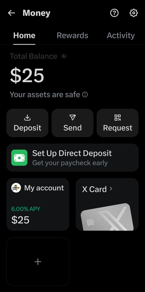 SpreadOffense's tweet photo. Just signed up for X Money!Fast sign up process, great UX/UI! @XMoney appreciate the $25 just for signing up! 6% APY! #XMoney Virtual card instantly created and added to my wallet and physical card in route. https://t.co/I4YWAg8okb