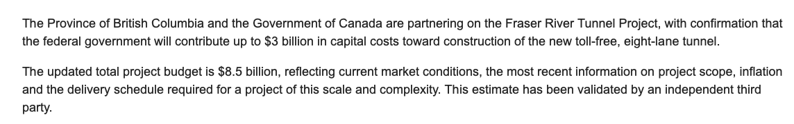 bobmackin's tweet photo. The new Massey Tunnel is now costing $8.5 billion. 

Which is, by comparison, more than half the cost of #SiteC. 

In 2021, the NDP said the new tunnel would cost $4.15 billion. 
#bcpoli https://t.co/KRqJPrwrzk