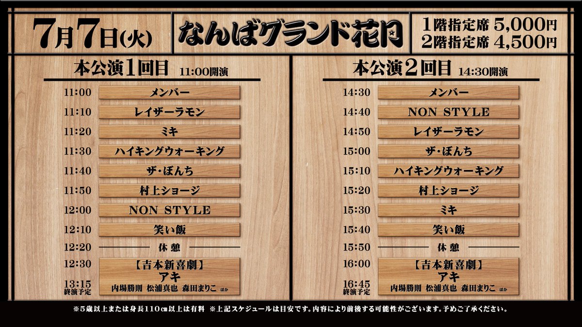 namba_g_kagetsu's tweet photo. ˗ˏˋ なんばグランド花月  ˎˊ˗
＼本日7/7の券売状況／
11:00〜①回目指定席あり⭕️
14:30〜②回目指定席あり⭕️
19:00〜19時ライブ指定席あり⭕️

チケットは下記より...✍️
https://t.co/dZk8EblMb3 
￣￣￣￣￣￣￣￣￣￣￣￣￣￣￣
本公演は  
#笑い飯
#NONSTYLE
#メンバー
#ミキ
など出演 🫧

 #吉本新喜劇 は #アキ 座長週🍬

🌙19時ライブ〜ネタ&吉本新喜劇〜
#ギャロップ
#スーパーマラドーナ
#ハイキングウォーキング
#メンバー
#金属バット
#滝音

吉本新喜劇はお昼と同じものが
リーズナブルに✌️