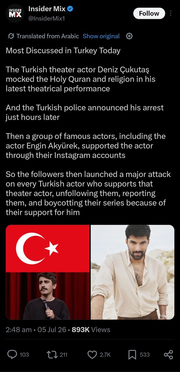 _denizsever's tweet photo. #EnginAkyürek dizi/film çekmıyorsa vaktini en entelektüel en verimli en sakin geçiren biri. EnfesBirAkşam 2. sezonun çekimlerden Kaş'ta dalışa gittiğinde, Hola Arabia onunla ilgili haber yaptı diye bunu da mı çok gördünüz sayın @ayyapim ile elçisi olan @tugce_akari .  Bir arap "fan" hesabı (@b3erw ) kullanıp yalan haber yayınlanıyorlar (sona o tviti siliyor), diğer Arap içerik hesabı @InsiderMix1 o yalan "haberi" copy paste gibi yayınlanıyor ve 2 gündür Engin Akyürek durduk yerde Araplardan linçleniyor.. ne güzel bi komplo di mi. Aras Bulut'la ilgili böyle bi algi yayınlasaydı, ki yapabilirlerdi çünkü kendisi Deniz Göktaş'ın gösteriye bile gitmiştir, o zaman acilen çaresi bulabilecektiniz di mi Tuğçe hanım. Sıra Engin Akyürek'e gelince üç maymunu mu oynuyorsunuz - "görmedim, duymadım, söylemem".
Sizin Enginle derdiniz ne tam olarak? Adam 3. Kitabi yayınladı düzgün haberi yapılmadı, tek bi programa katılmadı röportajı vermek için, lansman ve imza gününde en sıradan muhabirleri davet edildi, düzgün video çekemeyen ve fotoları çekemeyen muhabirleri. Bugün ise Enfes Bir Akşam'la ilgili de saçma sapan algi yayınlanıyorlar - yok hayranlara kötü haber var, yok kriz var diye de bilmem ne.. zaten bu diziye de düzgün PR yapılmadı tam aksine AntiPR yapıldı Türkiyede izlenmesin en azından diye, çünkü yurt dışında kesin izlenirdiğini adım gibi biliyordunuz, Engini yurt dışında muazzam talebi olduğunu için. Bereketli Topraklar'dan bahsetiyorum bile... Engin Akyürek elbette de bunları göremeyecek kadar saf değil ama @Artistanbul1 'u ailesi gibi seviyor ve susuyor, ve siz bu sevgiyi garantiye alıp hiç bir şey yapmıyorsunuz, tam aksine o ayaklarında koydukları taşların yanında siz de taşları koyuyorsunuz gibi geliyor bana. Yazıklar olsun size!