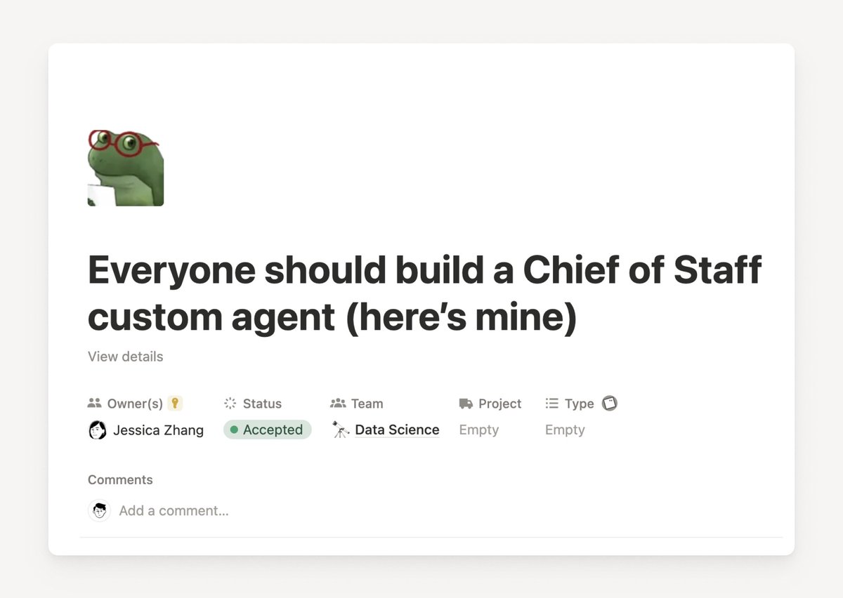 NotionHQ's tweet photo. Meet Jessica, she leads the GTM data science team at Notion!

Jessica used to manually spend 30-60 minutes every morning sorting notifications between Slack, email, and calendar.

So she built an AI Chief of Staff to do it for her, functioning across 3 automations:

1. Daily Brief: An agent hands her day on a silver platter every morning at 8 a.m, before even opening her laptop. It breaks down the day’s schedule, top priorities, and exact meetings that need her to follow through.

2. Weekly Living Context: Updates a personal page every Monday that serves as a running memory of what’s happening across her team and organization - so nothing slips through the cracks.

3. Weekly Org Wrap: Every Friday, it takes a birds-eye look into her meeting notes, public Slack channels, and docs to flag where she needs to follow up before the week wraps up.

What initially took 30 minutes to set up is now helping her to “start the day calm, prepared, and on top of what matters.”

The workflow gets more powerful as time passes: all daily briefs and weekly reports get stored in a Notion database, which can be reviewed historically.

Jessica created a step-by-step guide for anyone to create their own AI Chief of Staff - simply by copy-pasting the instruction, connecting integrations, and setting up a trigger.

Try it out yourself: https://t.co/zgD04IkWAz