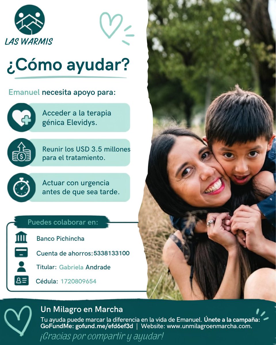 radio_pichincha's tweet photo. 👭#WARMIS | Su familia impulsa una campaña nacional para recaudar los 3,5 millones de dólares que cuesta una terapia génica capaz de frenar el avance de la distrofia muscular de Duchenne. Con apenas 9 años, Emanuel enfrenta una enfermedad degenerativa que amenaza con arrebatarle la capacidad de caminar.
#LaRadioDeLasNoticias
⬇️Los detalles
https://t.co/Ta5K3bfVT5