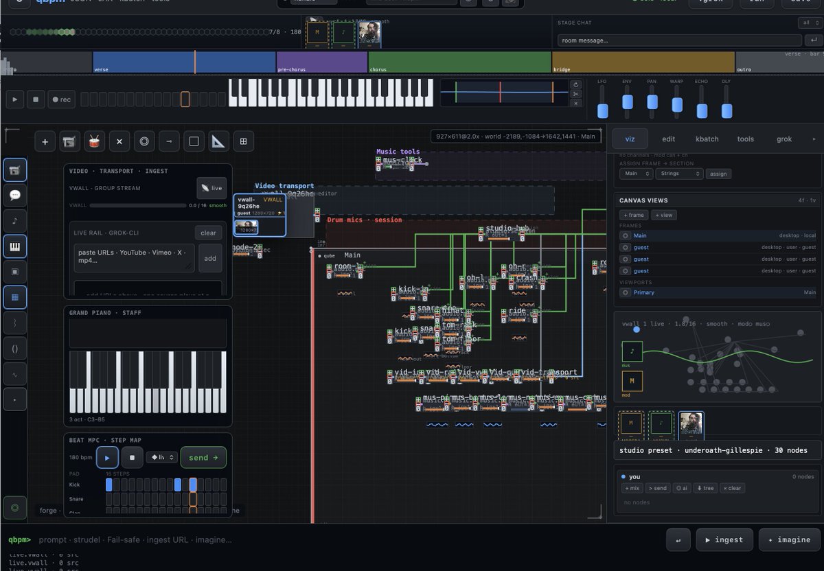 tadericson's tweet photo. AMAZING!! huge fan.. supa'dupa clean concepts in terminal.. trying to fuse the VFX/TouchDesigner/GSplat/FFmpeg/Music world in one app.. wish I knew code stacks in and out.. Charm flows.. Just added node tree stacks for studio recording sessions, fixing the video pipeline tools for mobile/desktop/server.. if it works in a week, it'd be fun to have a live band jam and stream..