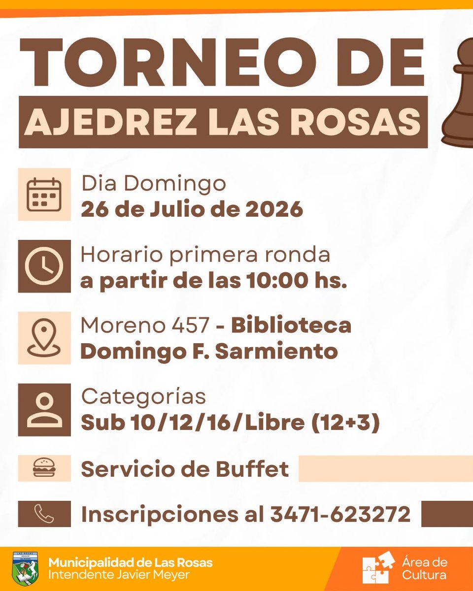 LasRosasDigital's tweet photo. MUNICIPALIDAD DE LAS ROSAS INFORMA:
♟️ ¡Inscripciones abiertas para el Torneo de Ajedrez Las Rosas!

Una jornada para compartir, competir y disfrutar del ajedrez en sus distintas categorías.

📍 ¡Te esperamos el domingo 26 de julio en Biblioteca Domingo F. Sarmiento! https://t.co/Fj6j9qzAAm