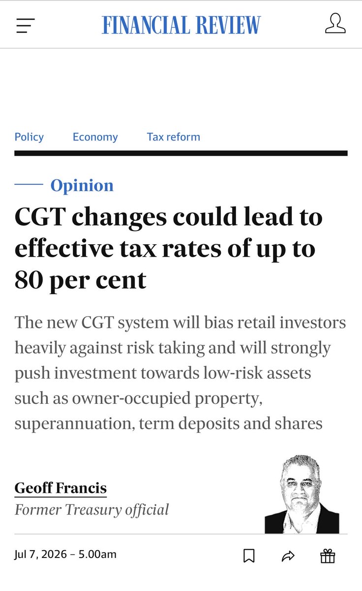 GeoffWilsonWAM's tweet photo. It’s all Hogwash and Geoff Francis via @FinancialReview just confirmed it: @AlboMP & @JEChalmers ‘s new CGT can push effective tax rates on retail investors up to 80%. Their own comments says it will "bias retail investors heavily against risk-taking." That's not reform, that's economic vandalism. #ScrapTheCGTHeist #hogwash