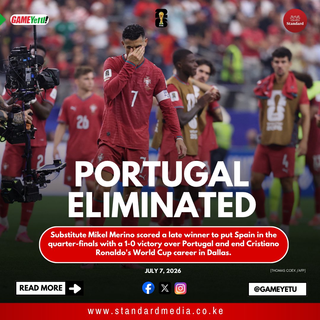 GameYetu's tweet photo. FULL-TIME: #FIFAWorldCup Round of 16: Portugal 🇵🇹 0-1 🇪🇸 Spain
Substitute Mikel Merino scored a late winner to put the European champions in the quarter-finals with a 1-0 victory over Portugal and end Cristiano Ronaldo's World Cup career in Dallas https://t.co/HdrVPP5c7w
