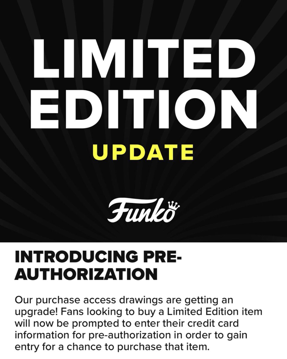 FunkoPOPsNews's tweet photo. Do you agree?! Shocking changes to the Limited Edition system at Funko!
I wonder if pre-authorization will reduce botting ..
Linky ~ https://t.co/KLReNUww4C
#Ad #FunkoPOPNews #Funko #FunkoPOP https://t.co/gOE875DVpf