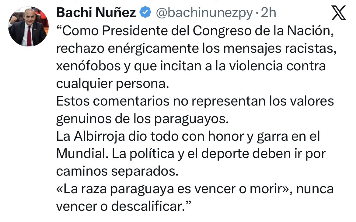 notipolitica26's tweet photo. 🇵🇾 El presidente del Congreso, Basilio Núñez, rechazó los mensajes racistas y xenófobos contra Kylian Mbappé.

🗣️ “Estos comentarios no representan los valores genuinos de los paraguayos”.

⚽ También sostuvo que la política y el deporte deben ir por caminos separados.

#Paraguay https://t.co/cCQdZ8citQ