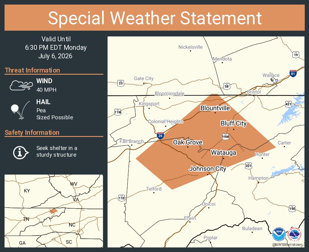 NWSMorristown's tweet photo. A special weather statement has been issued for Johnson City TN, Jonesborough TN and  Oak Grove TN until 6:30 PM EDT https://t.co/vmzbL8caSQ