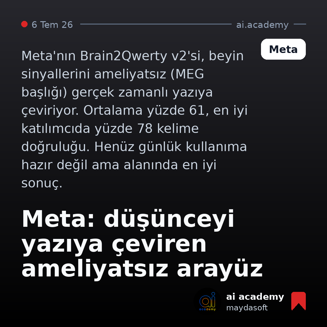 maydasoft_ai's tweet photo. Meta'nın Brain2Qwerty v2'si beyin sinyallerini ameliyatsız (MEG başlığı) gerçek zamanlı yazıya çeviriyor. Ortalama %61, en iyi katılımcıda %78 kelime doğrulu��u. Günlük kullanıma hazır değil ama alanında en iyi sonuç.

Kaynak: https://t.co/4acPcVui4a
#Meta #beyinbilgisayar #yapayzeka