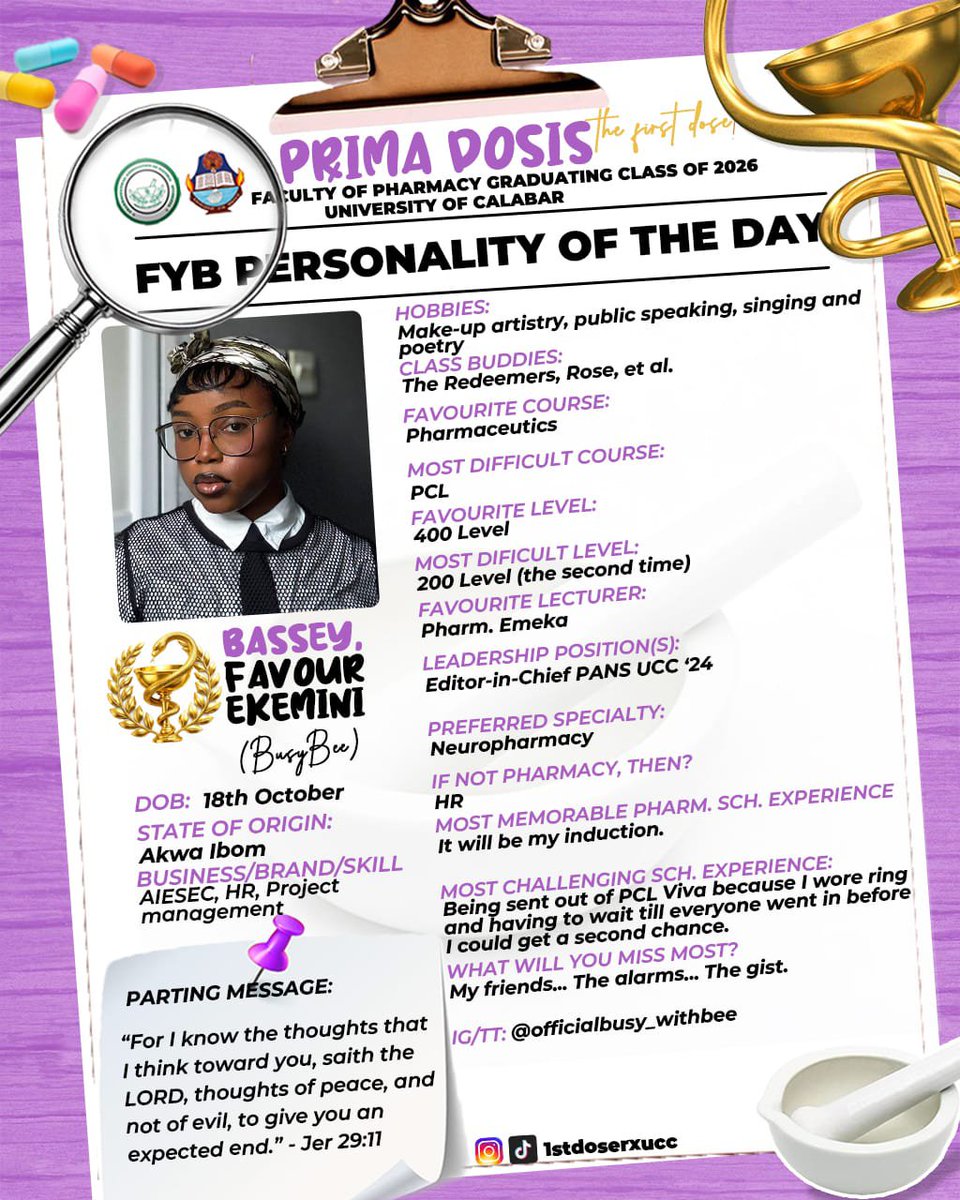 PANSUNICAL's tweet photo. FYB Personalities of the Day 🎓 Celebrating two of Pharmacy UNICAL's finest pioneers, Favour Ekemini Bassey (BusyBee) and Regina Ateb (Reggie). Well done, girls 🎉
IG/TT: @officialbusy_withbee | Regina Ateb
#PrimaDosis #PANSUNICAL https://t.co/hCfolmKqml