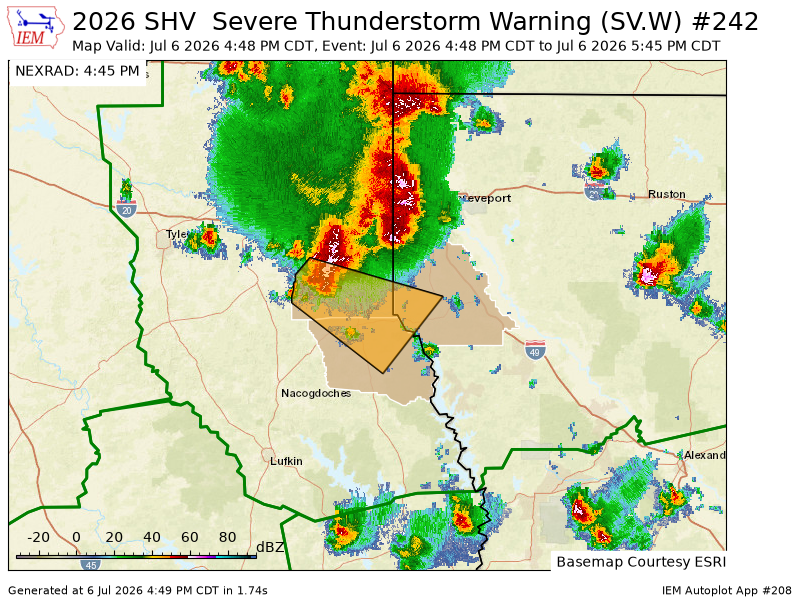 SHVWXBOT's tweet photo. SHV issues Severe Thunderstorm Warning [wind: 60 MPH (RADAR INDICATED), hail: <1.00 IN (RADAR INDICATED)] for De Soto [LA] and Panola, Shelby [TX] till 5:45 PM CDT https://t.co/4HFwp4FhMb https://t.co/lln1akLf1H