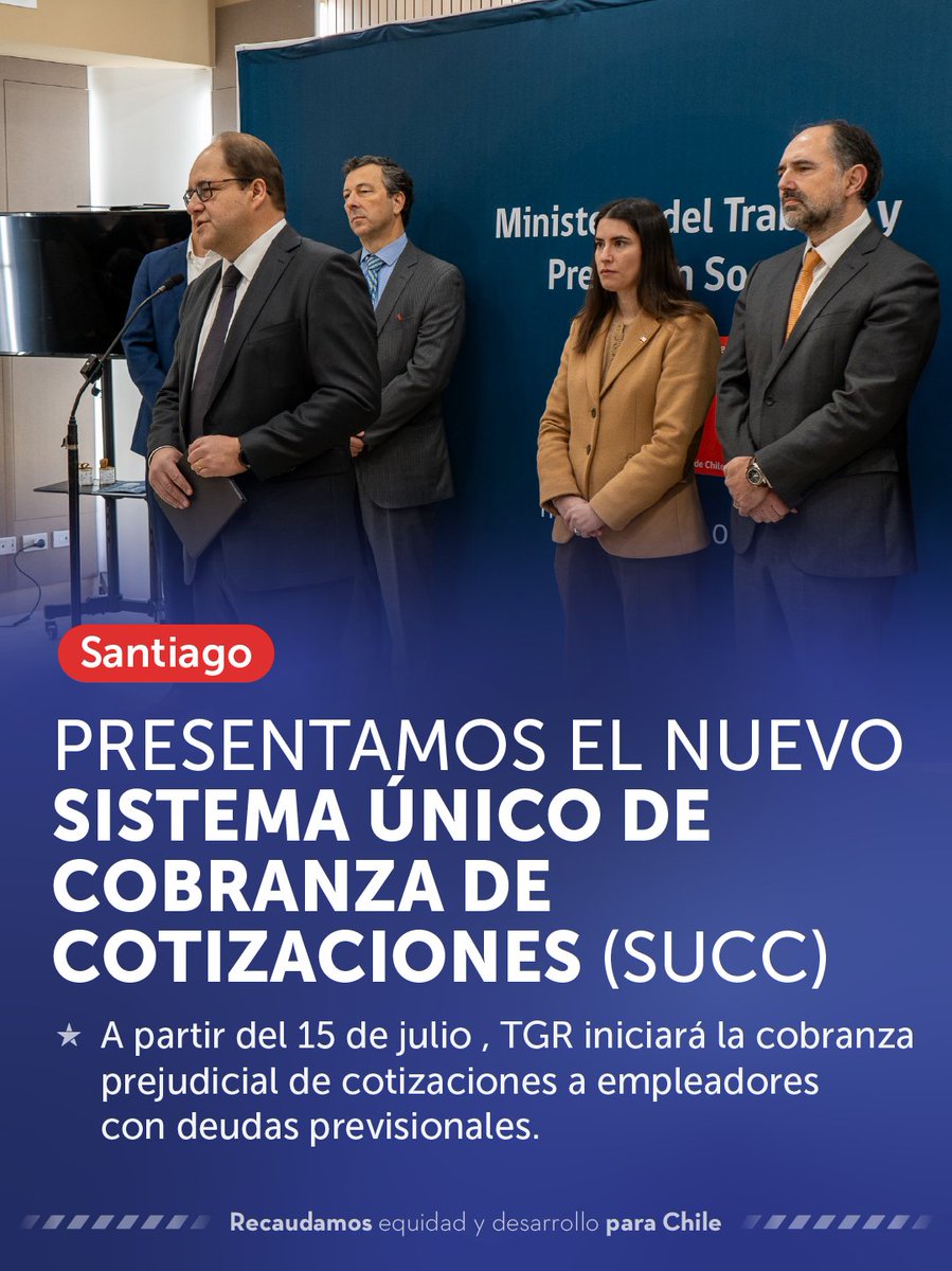 tgrchile's tweet photo. 📍 El Tesorero General, Hernán Nobizelli, participó en el lanzamiento del Sistema Único de Cobranza de Cotizaciones (SUCC) junto a la subsecretaria de Previsión Social, Elisa Cabezón y representantes de los fondos de pensiones (AFP), el Instituto de Previsión Social (IPS), Previred y el Fondo Autónomo de Protección Previsional (FAPP).

Durante el punto de prensa posterior a la actividad, el Tesorero Nobizelli señaló que “el objetivo fundamental de esta nueva función que desarrolla TGR es contribuir a que las personas y empresas que adeudan cotizaciones previsionales regularicen esta situación, para que, en el futuro, las y los trabajadores tengan mejores pensiones”.

🔗 Conoce más en https://t.co/4LmSuRDlvf