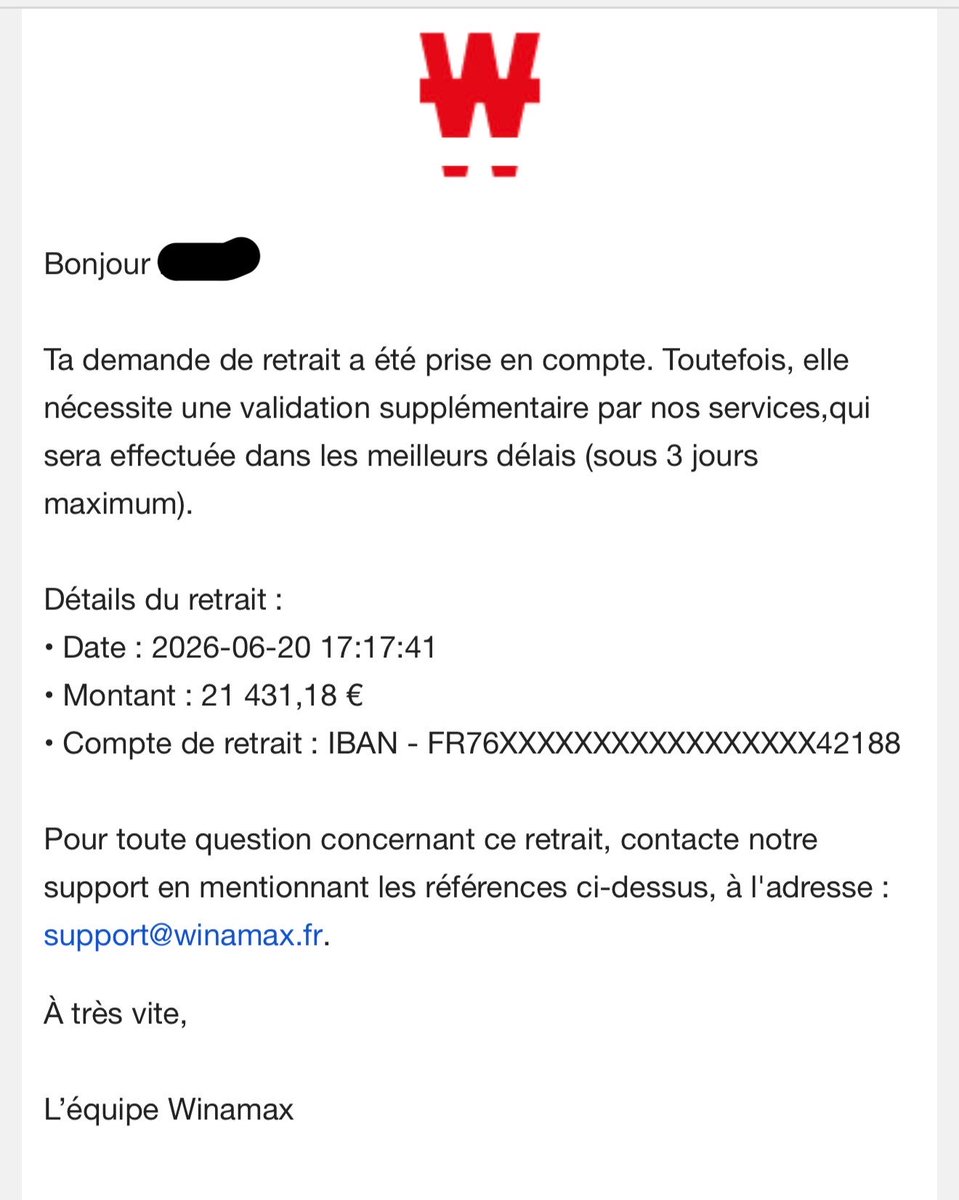 IBettingg's tweet photo. 17 jours que j’attends un virement de 21 341,18 €. Depuis, chaque nouveau retrait est également bloqué en “attente de validation”.

Un suivi clair ou une explication serait apprécié. Merci. @WinamaxSport https://t.co/wPY6neYJ60