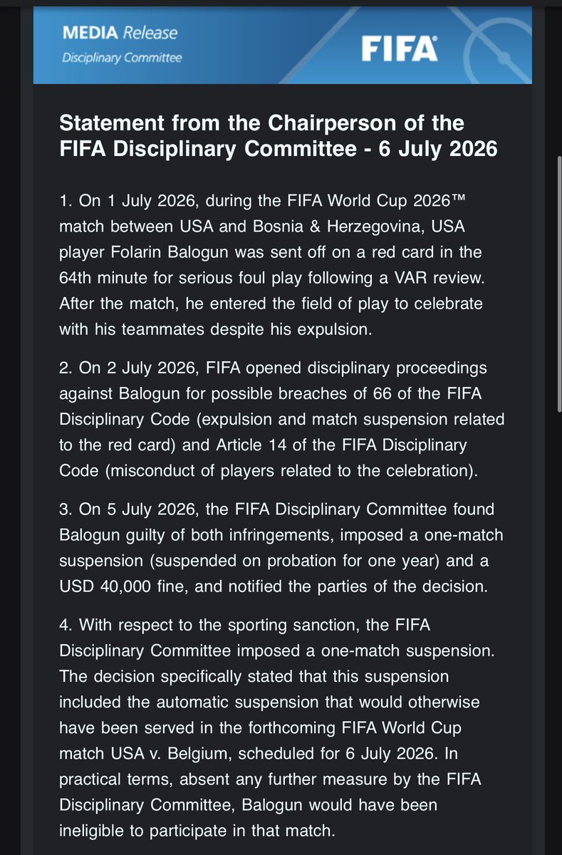 EricNjiiru's tweet photo. FIFA has released a 13-point statement from the Chairperson of the FIFA Disciplinary Committee on the suspension of Balogun’s red card. Point no 13 is aimed at UEFA

#FIFAWorldCup https://t.co/UM0oO3NIEG