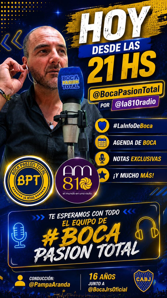 BocaPasionTotal's tweet photo. HOY      @BocaPasionTotal desde las 
21 hs  por @la810radio ,   #LaInfoDeBoca    y además la agenda de #Boca, NOTAS   y mucho más 

Los esperamos con el equipo de #BOCAPASIONTOTAL el Equipo periodístico de @PampaAranda 16años junto a @BocaJrsOficial

https://t.co/IcbvYPeeBk… https://t.co/RSoNSbftYe