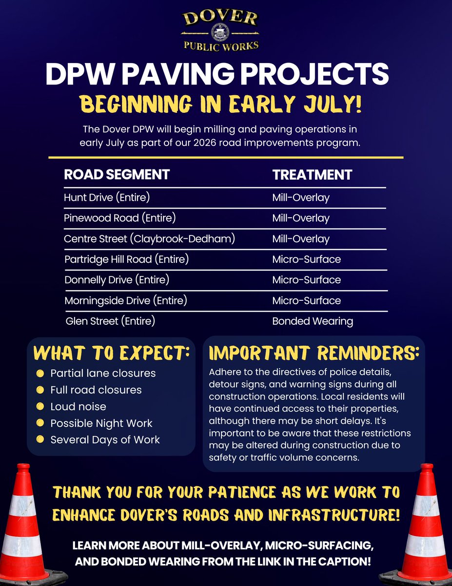 TownDover's tweet photo. #Reminder - The DPW will be conducting roadwork &amp; paving beginning in July. As part of Dover’s 2026 Road Improvements Program, projects such as road resurfacing, micro-surfacing, and bonded wearing course will take shape during the summer. 

Learn more: https://t.co/FKCaDGtLIp https://t.co/DImyoFpCTu