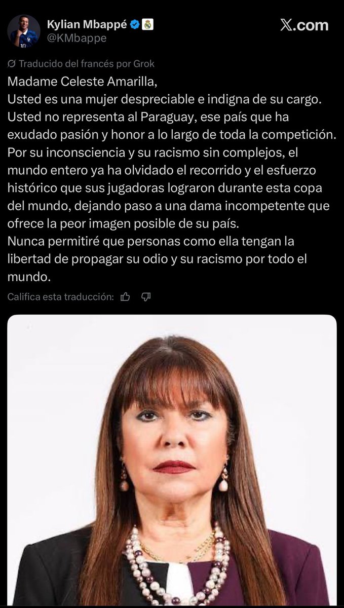 LuisCardenasMx's tweet photo. 🔵 Kylian Mbappé llamó “despreciable” e “indigna de su cargo” a la senadora paraguaya Celeste Amarilla, luego de que ella publicara comentarios racistas contra el futbolista francés. El cruce generó amplia reacción en redes y reavivó el debate sobre racismo en el futbol. https://t.co/uEmxWVPLYK
