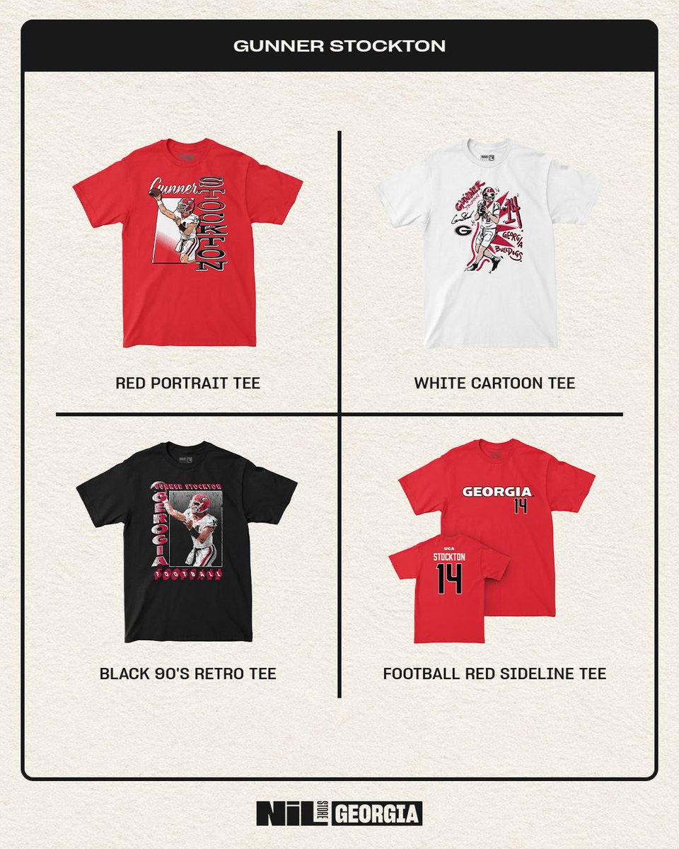 GeorgiaNILStore's tweet photo. The Gunner Stockton merch is a must need for the upcoming season‼️

Shop now as football season arrives soon⚪️🔴
https://t.co/s3a7UbJHe1 https://t.co/2ouZzWehaW