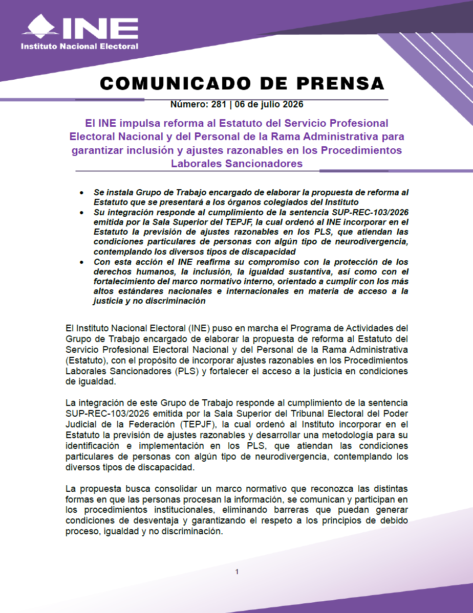 INEMexico's tweet photo. #BoletínINE 📄 | El INE impulsa reforma al Estatuto del Servicio Profesional Electoral Nacional y del Personal de la Rama Administrativa para garantizar inclusión y ajustes razonables en los Procedimientos Laborales Sancionadores.

🔗 Más Información en el siguiente enlace 👇

https://t.co/mnbailAvbD