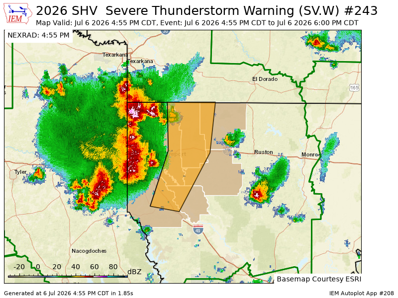 SHVWXBOT's tweet photo. SHV issues Severe Thunderstorm Warning [wind: 60 MPH (RADAR INDICATED), hail: 1.00 IN (RADAR INDICATED)] for Bienville, Bossier, Caddo, Claiborne, De Soto, Red River, Webster [LA] till Jul 6, 6:00 PM CDT https://t.co/FiZW9gCg3O https://t.co/gCqW6Wxctt