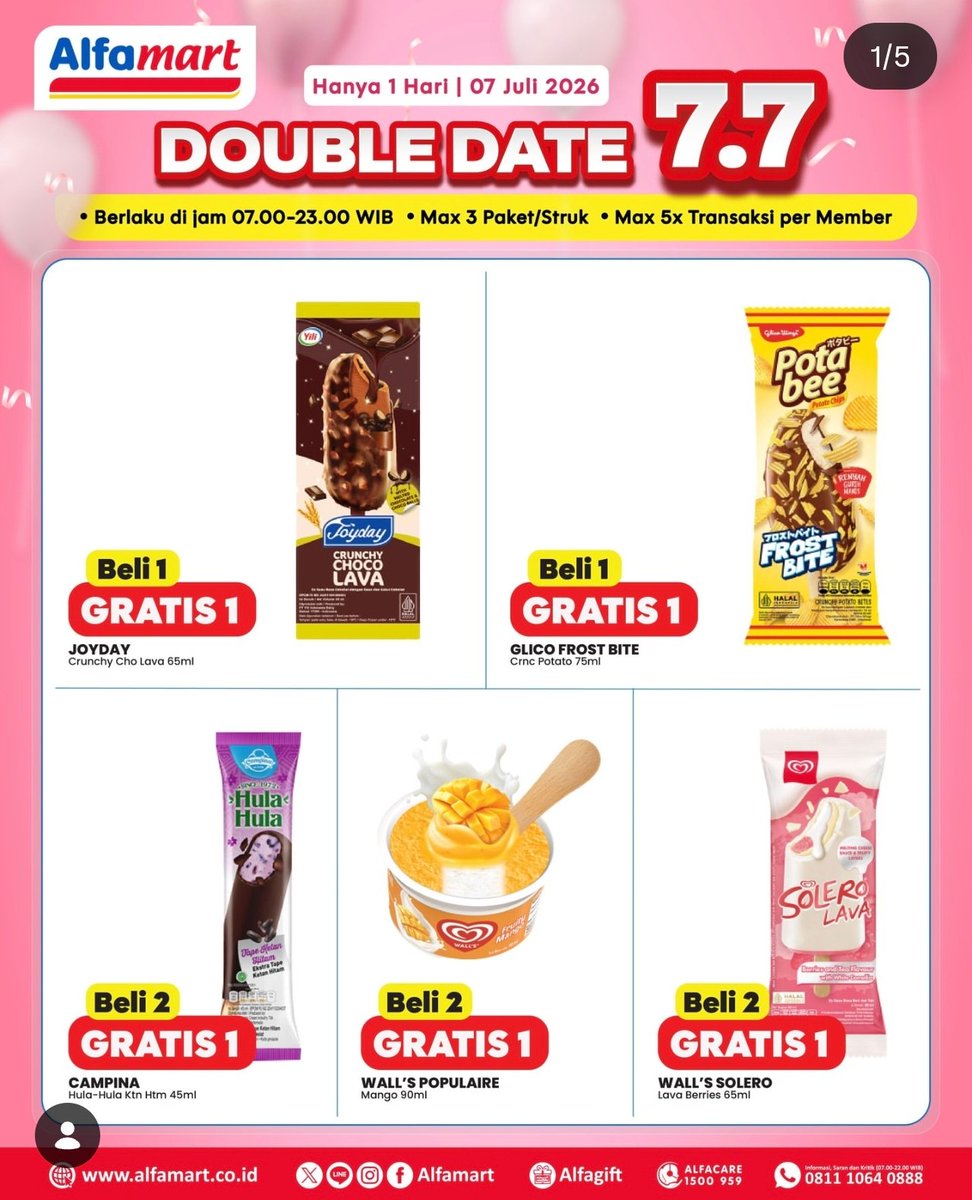 kimmyexp's tweet photo. ALFAMART PROMO 7.7 ‼️

BELI 1 GRATIS 1
BELI 2 GRATIS 2 
Beli 2 Gratis 1

📍cuma hari ini 7 Juli 2026
📍bisa langsung ke toko &amp; via alfagift
📍Berlaku jam 07:00-23:00
📍maksimal 3item per trx
📍maksimal 5x trx per member
📍Khusus Member alfamart

combo voc alfa ni yg punya😍 https://t.co/DeXLHRbFFa