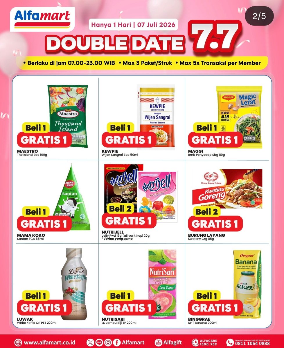 kimmyexp's tweet photo. ALFAMART PROMO 7.7 ‼️

BELI 1 GRATIS 1
BELI 2 GRATIS 2 
Beli 2 Gratis 1

📍cuma hari ini 7 Juli 2026
📍bisa langsung ke toko &amp; via alfagift
📍Berlaku jam 07:00-23:00
📍maksimal 3item per trx
📍maksimal 5x trx per member
📍Khusus Member alfamart

combo voc alfa ni yg punya😍 https://t.co/DeXLHRbFFa