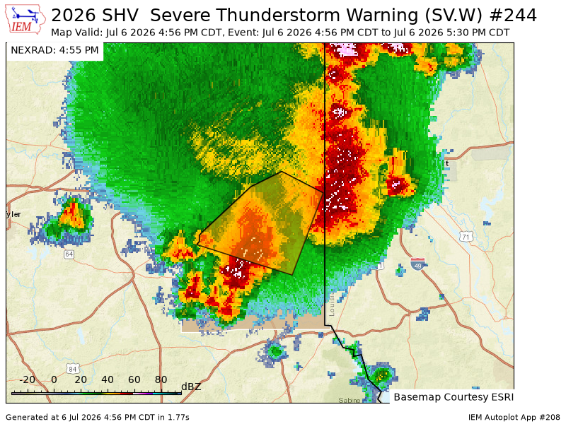 SHVWXBOT's tweet photo. SHV issues Severe Thunderstorm Warning [wind: 60 MPH (RADAR INDICATED), hail: <1.00 IN (RADAR INDICATED)] for Harrison, Panola [TX] till 5:30 PM CDT https://t.co/77TSDTAtBl https://t.co/6Bw8j0a4yy