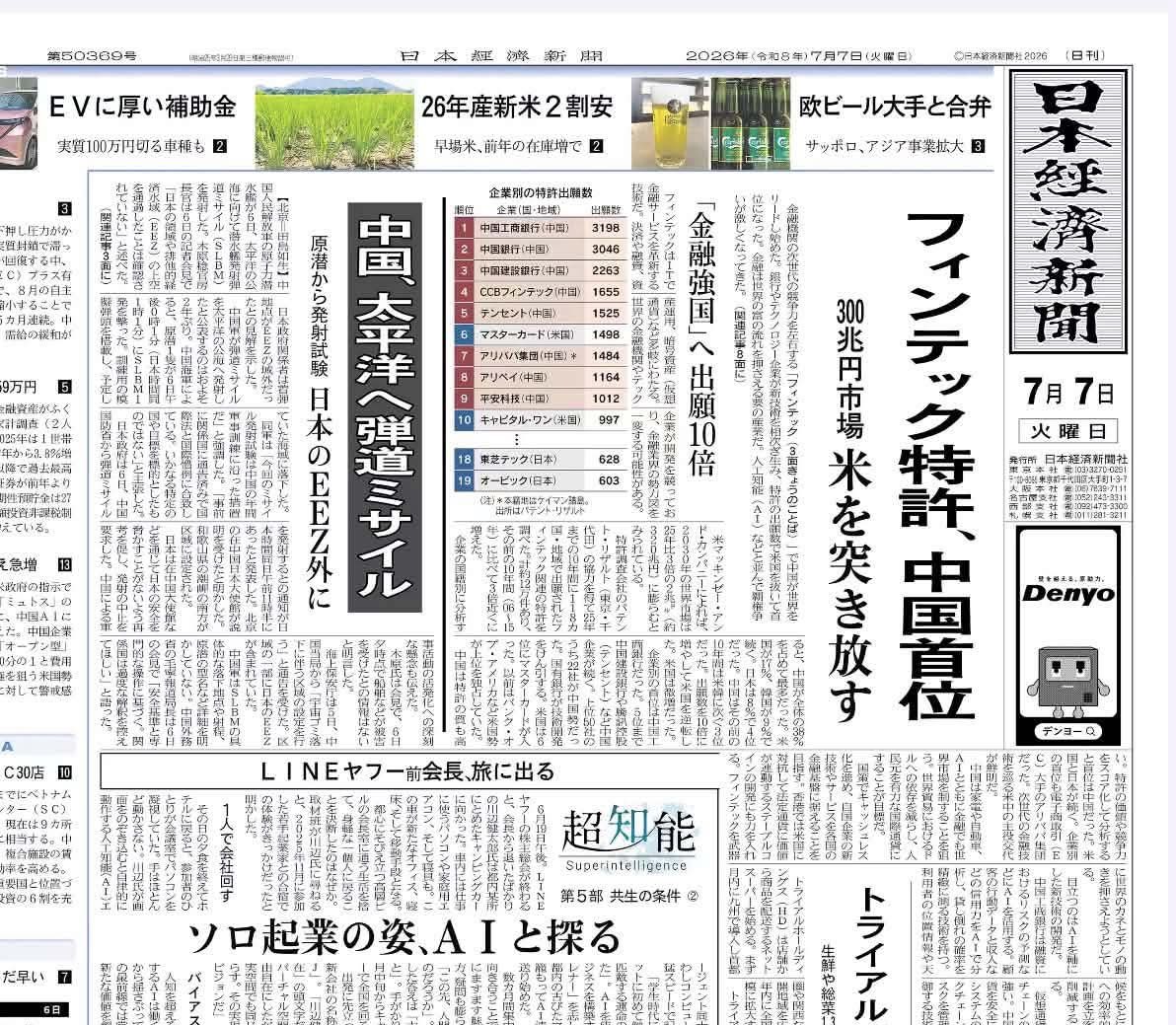 dennotai's tweet photo. 【キャンピングカーで旅に出ます！】
今日（7月7日）の日経新聞一面に、私の記事が掲載されました。

見出しは
「LINEヤフー前会長・旅に出る」。

自分が旅に出ることを新聞一面で報じてもらうなんて、少し照れます😅

でも、この旅には理由があります。

私は以前から、
「AI時代の経営者に最も必要なのは、実務能力よりも“大欲・大願”だ」
と言い続けてきました。

AIは知識も分析も計画もどんどん人間を超えていきます。
だからこそ、人間に残る一番大切な仕事は、
「何を目指すのか」という大きな願いを持つことだと思っています。

東京だけにいては見えないものがあります。

日本中を巡り、様々な人と出会い、景色を見て、地域を知る。

その中から、
「AIと共に本当に挑戦すべきことは何か」
を見つけたいと思っています。

そのためにキャンピングカーに乗り始めました。

7月18日から、まずは中国・九州地方へ。

全国を旅しながら、AIソロプレナーとしての活動も続けます。その為にスターリンクもエコフローも導入してオフグリッド化を目指します。

もし皆さんの地元に
「ぜひ見てほしい場所」
「ぜひ会ってほしい人」
「ぜひ体験してほしいこと」
があれば、ぜひコメントで教えてください。

フットワークはネットワーク。

全国を巡って、大願を見つけてきます！

https://t.co/WrqNCd7g8A