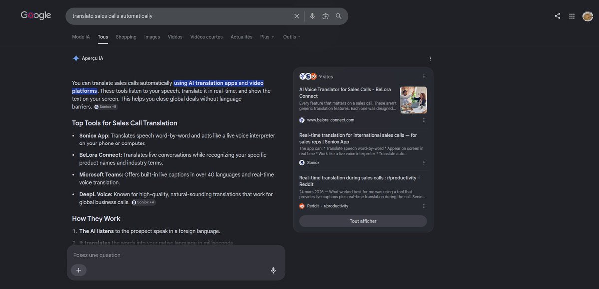 Caleb_L509's tweet photo. Few weeks ago: 0 impressions on Google.
Today: cited by Google's AI Overview as the top tool for AI-translated sales calls — ahead of players 100x our size.
No ads. Just a product that solves a real problem: taking client calls in a language you don't speak.
https://t.co/J8vist1pcf